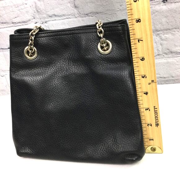 Doncastor Pebbled Leather Chain Link Double Handle Lined Black Bucket Handbag - Picture 12 of 16